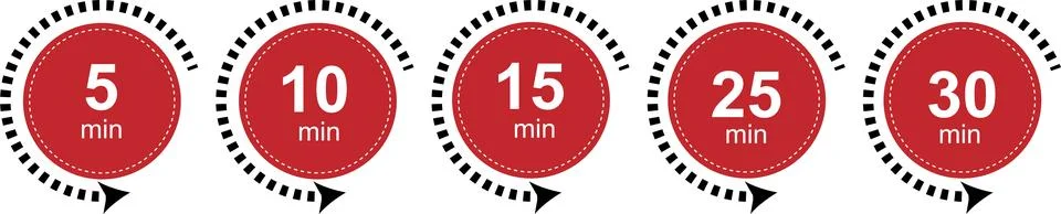 Circular Countdown Timer Icons with 5, 10, 15, 25 and 30 Minute Time Labels Stockillustratie