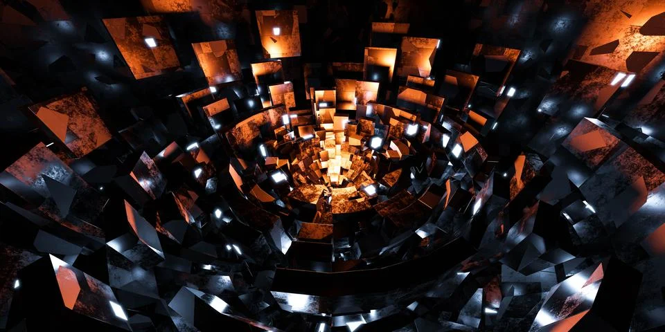Circular cubic environment with metal surface and glowing lights 3d render Stock Illustration