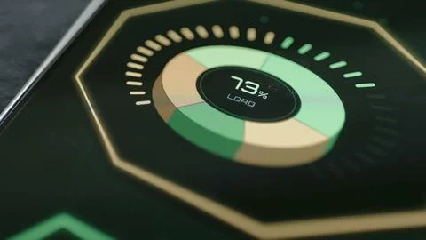 Circular dashboard gauge increases from 72 to 73 percent GPU load Stock Photos