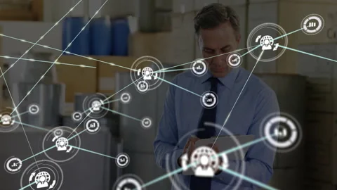 Circular data node appearing in warehouse, manager writing notes while network Video stock 309893919