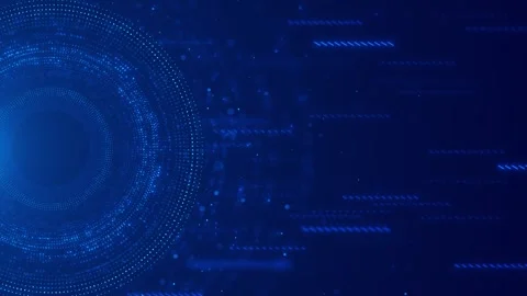 Circular data particle interface glowing blue dots, side motion streaks, dark de Stock Footage 340568068