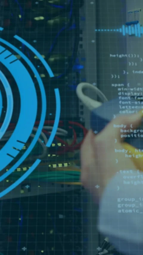 Circular data processing animation over person working with network cables and Stock Footage 319883031