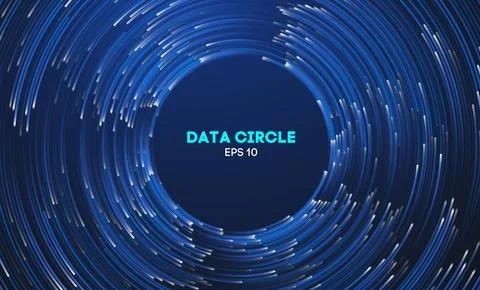 Circular data swirl on dark blue technology background. Hurricane vortex Stock Illustration