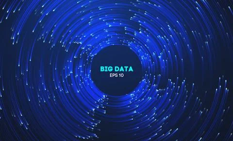 Circular data swirl on dark blue technology background. Hurricane vortex Stock Illustration