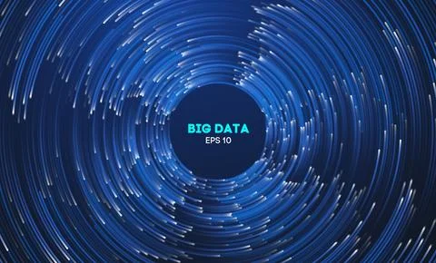 Circular data swirl on dark blue technology background. Hurricane vortex Stock Illustration