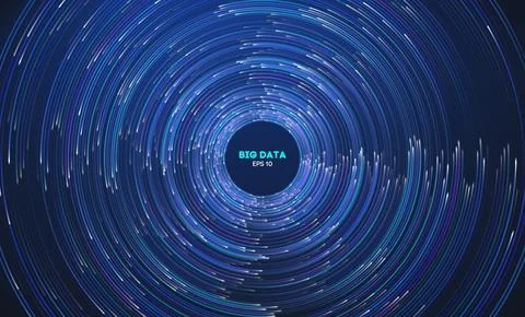 Circular data swirl on dark blue technology background. Hurricane vortex Stock-Illustration
