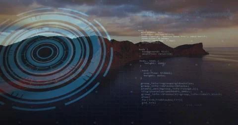 Circular data visualization and programming code animation over mountain Stock Footage 305074173