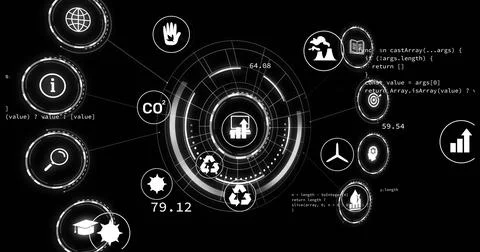Circular data visualization with environmental icons and coding image over black Foto stock
