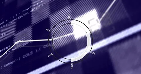 Circular data visualization image over computer code and graphs Stock-Fotos