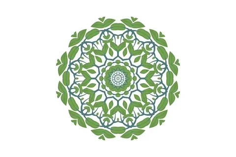 A circular design featuring green and blue colors, adorned with stylized Stock Illustration
