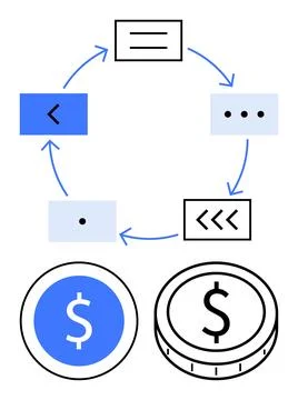 Circular diagram of arrows connecting boxes with icons, paired with coins fea 스톡 일러스트