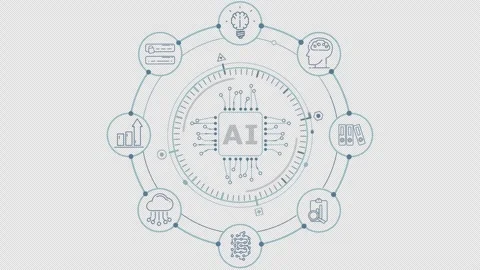 Circular diagram with a central AI chip and surrounding tech icons Stock Footage 328679183