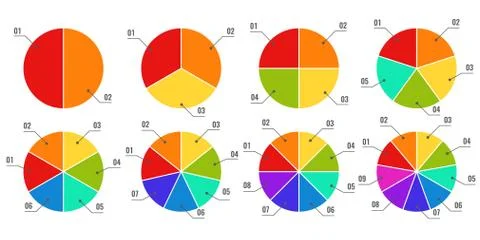 Circular diagrams. Segmented and multicolored pie charts, financial process Illustrazione stock