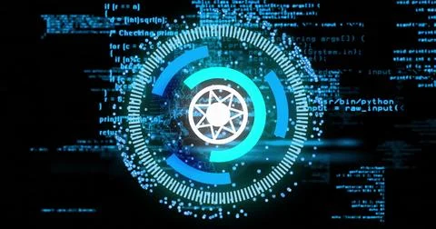 Circular digital interface and coding image over programming code background 写真素材