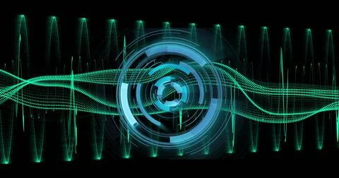 Circular digital interface glowing and pulsing in digital dashboard, with neon イラスト素材