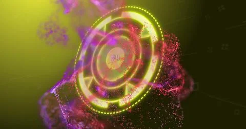 Circular digital interface with glowing arrows and particles image Foto stock
