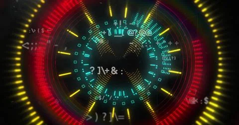 Circular digital interface with glowing symbols and data processing image Foto stock