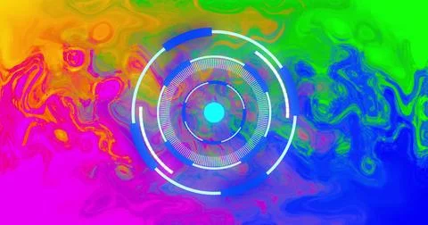 Circular digital interface over vibrant, colorful abstract image background Stock Photos