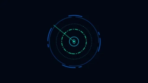 A circular digital radar interface glowing with neon blue and green lines Stock Footage 338310337
