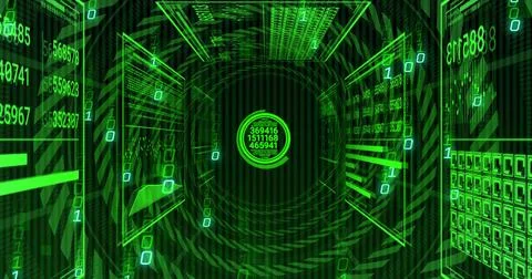 Circular display showing numeric values in tunnel, with binary code streams and Foto stock