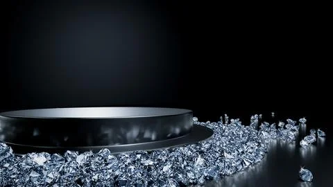 Circular display stand. Diamonds of various sizes piled up on the ground. E.. Illustrazione stock