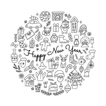 Circular doodle Happy New Year composition with festive elements Stock Illustration