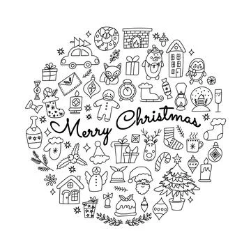 Circular doodle Merry Christmas composition with holiday icons Stock Illustration