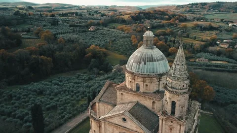 Circular Drone Around the Dome of Saint Biagios Church in Montepulciano Stock Footage 295126187