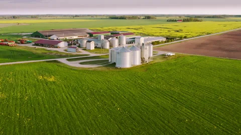 Circular drone flight around grain storage and drying tanks. Stock Footage 288212944