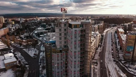 Circular drone orbit around tower construction in Szczecin Stock Footage 326234195