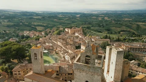 Circular Drone Pan Over San Gimignano - Medieval Architecture from Above Stock Footage 307943524