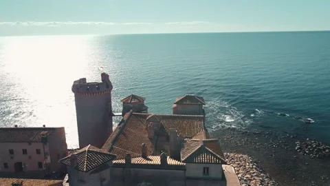 Circular Drone Shot Around the Tower of the Castle of Santa Severa in Latium Stock Footage 295127181