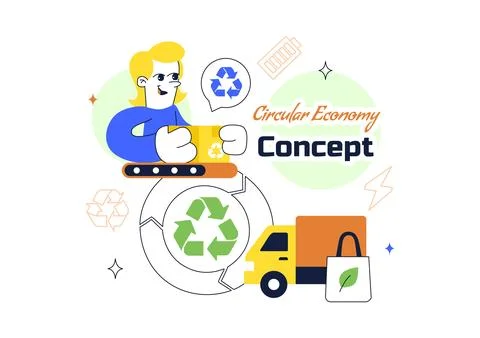 Circular Economy Vector Illustration Featuring Recycling Process, Renewable.. 库存插图