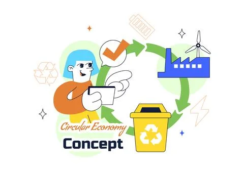 Circular Economy Vector Illustration Featuring Recycling Process, Renewable.. 库存插图