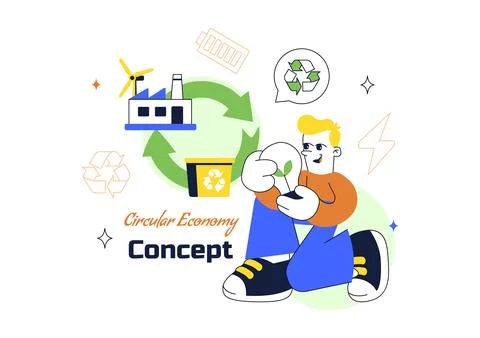 Circular Economy Vector Illustration Featuring Recycling Process, Renewable.. 库存插图