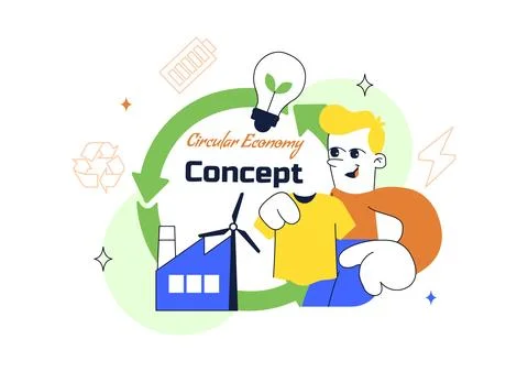 Circular Economy Vector Illustration Featuring Recycling Process, Renewable.. 库存插图