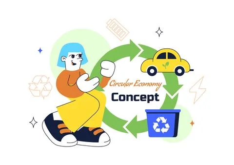 Circular Economy Vector Illustration Featuring Recycling Process, Renewable.. 库存插图