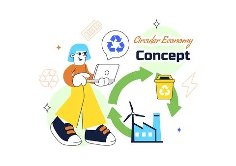 Circular Economy Vector Illustration Featuring Recycling Process, Renewable.. 库存插图