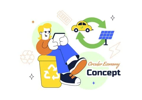 Circular Economy Vector Illustration Featuring Recycling Process, Renewable.. 库存插图