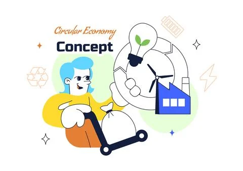Circular Economy Vector Illustration Featuring Recycling Process, Renewable.. 库存插图