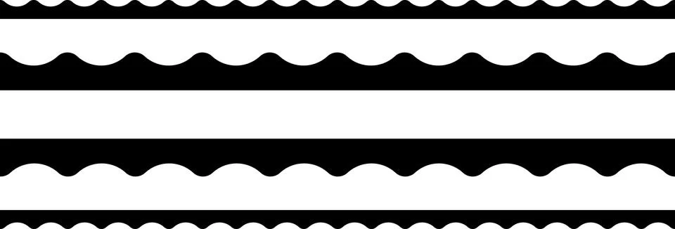 Circular edge seamless shape set, scalloped border. Seamless vector marine wave Illustrazione stock