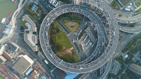 Circular Elevated Nanpu Road Intersection. Shanghai, China. Aerial View Stock Footage 108752100