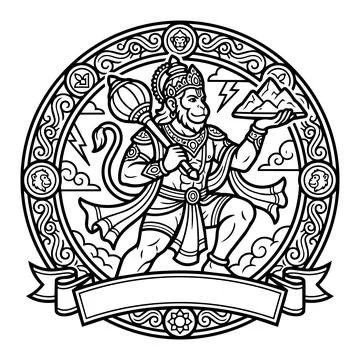 Circular emblem featuring lord hanuman with mace and mountain vector design.. Stock Illustration