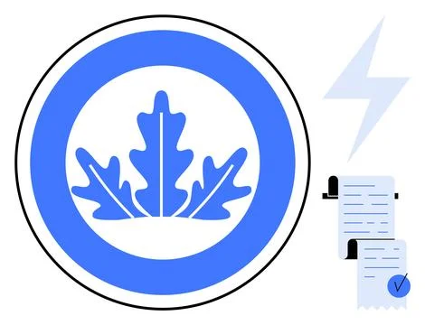 Circular emblem with oak leaves centered within a blue ring, a lightning bolt Stock Illustration
