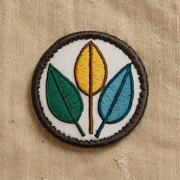 A circular embroidered patch with three stylized leaf shapes in green, yell.. Stock Photos