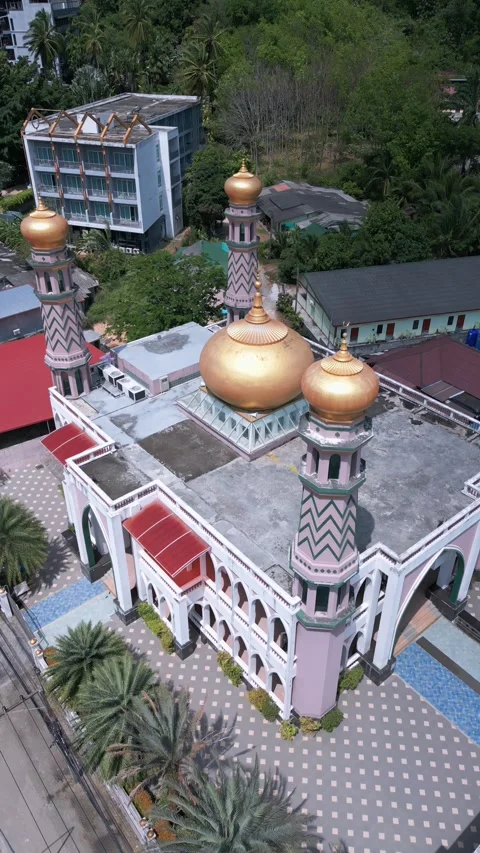 Circular flight around ornate mosque with golden domes and patterned minarets Stock Footage 341119751