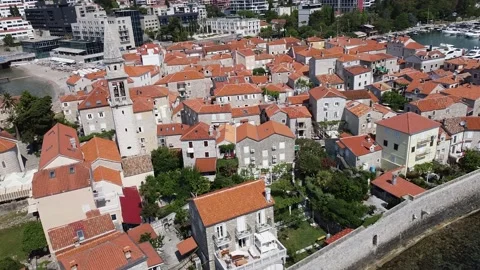 Circular flight of buildings in Budva Stock Footage 208070220