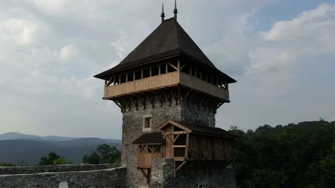 A circular flight of the main tower of the century-old castle. 2 videos in one Stock Footage 160948540