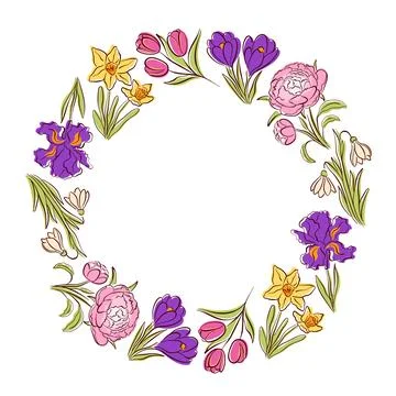 Circular floral frame with colorful spring flower, tulip, iris, peony, daffodil Illustrazione stock