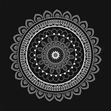 Circular Floral Mandala Pattern in White Line Art on Black Background. Stock Illustration